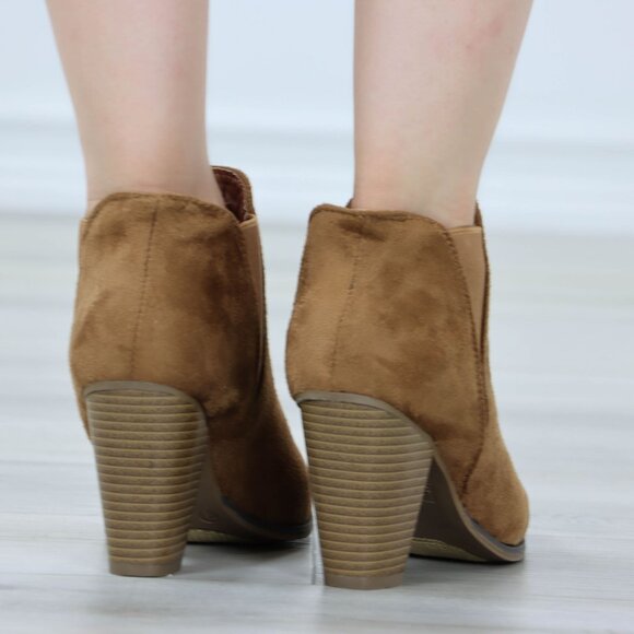 Tan Suede Ankle Boots Chelsea Pointed Toe Cone High Heel Booties - Picture 3 of 10